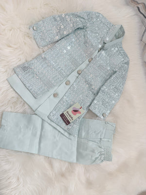 Boy's GreenSky blue Shade Cotton Silk 3 Piece Indo Western Outfit,  Embroidered  Sequins Long Jacket with Pant , Boy's Sherwani Dress - B-3052