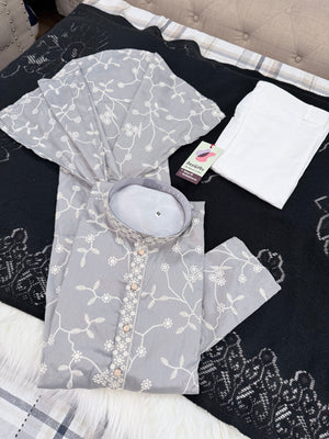 Men’s Light Gray Embroidered Kurta Pajama Set with with White Floral Embroidery, Sequins Work, Indian Ethnic Wear, KPS-3008