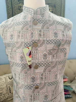 Men’s Light Blush Pink with Gray Woven Design Brocade Nehru Jacket – Indian Wedding Waistcoat, Festive Ethnic Modi Jacket, J-3076