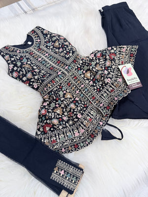 Baby Girls’ Designer Embroidered Palazzo Set in Navy Blue & Wine, Festive Indian Ethnic Palazzo Outfit with Dupatta, Partywear Dress for Kids, GRL-2090