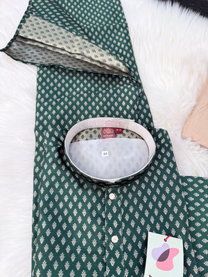 Pine Green with Subtle Gold Motifs Kurta with Beige Trouser, 2 Piece Jacquard Silk Kurta Pajama Set, Man -2047