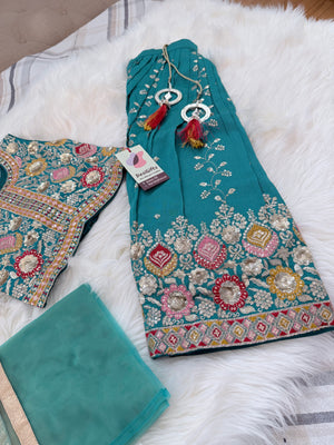 Girls Peacock Blue Zari Embroidered Lehenga Choli Set with Dupatta, Traditional Indian Ethnic Wear for Kids, Wedding & Festival Outfit, GRL-3071