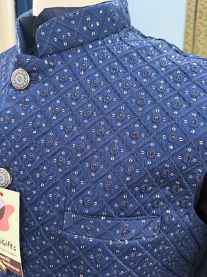 Admiral Blue Shade 3 Piece Kurta Pajama, Pant Style, with Embroidered Sequins Jacket Set-Silk Fabric, JKP- 1923