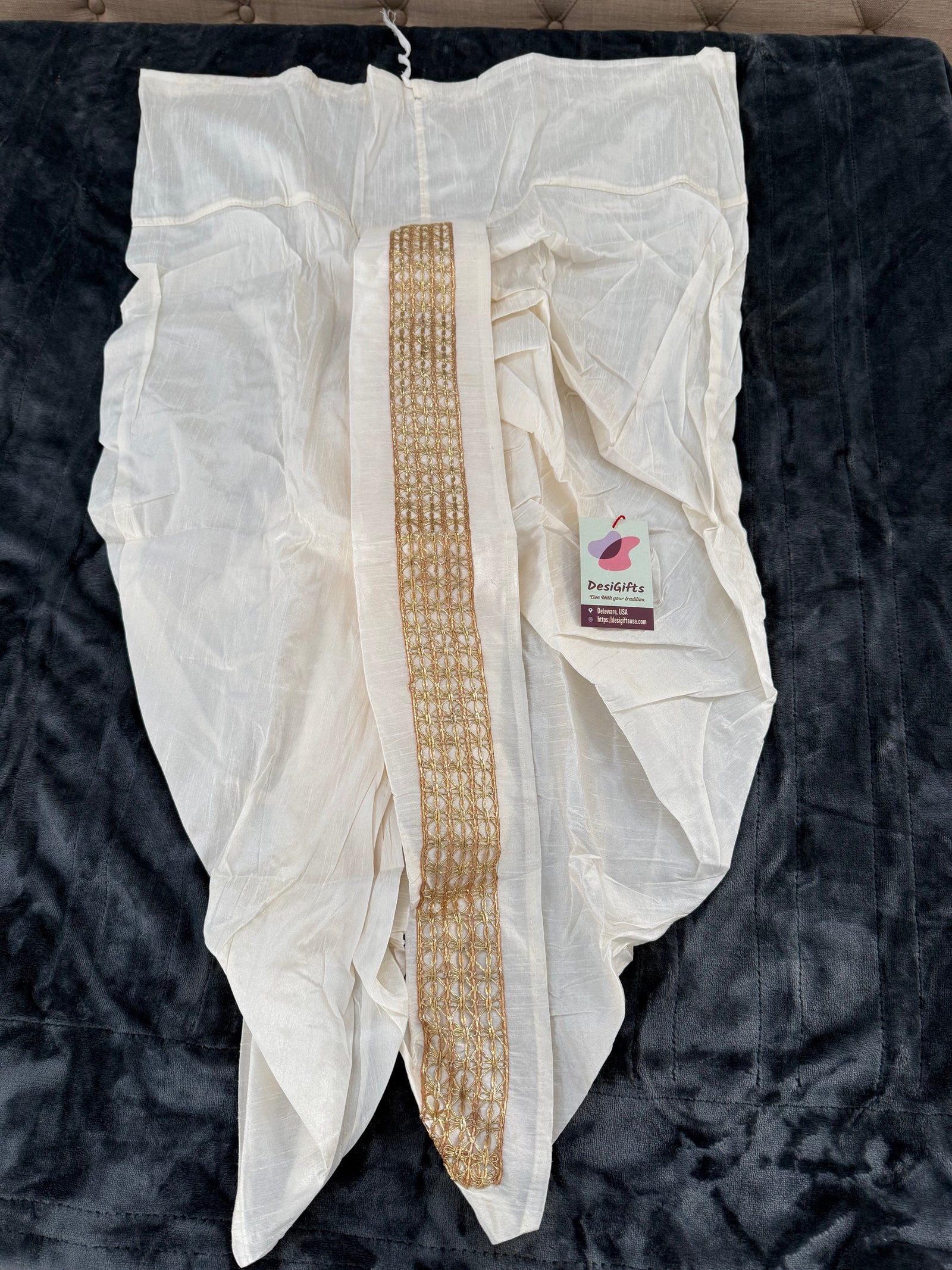 Men’s Ready-to-Wear Silk Blend Dhoti – Off-White Traditional Indian Dhoti, Plain or Gold Border, Wedding & Pooja Wear, KP - 301
