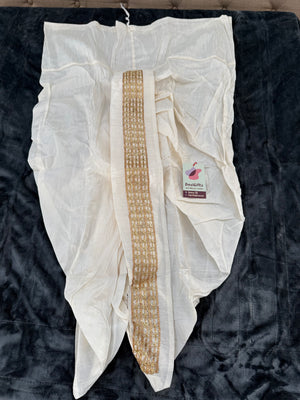 Men’s Ready-to-Wear Silk Blend Dhoti – Off-White Traditional Indian Dhoti, Plain or Gold Border, Wedding & Pooja Wear, KP - 301