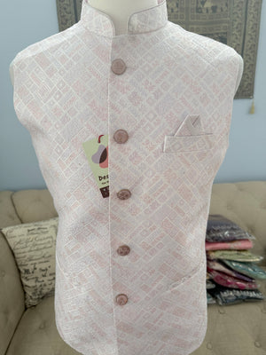 Men’s Pastel Pink Nehru Jacket – Self Woven Silk Indian Sadri, Festive Wedding Waistcoat, Ethnic Modi Jacket for Men, J-3073