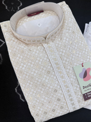 Ivory Cream Embroidered with Sequins Kurta Pajama for Men | Traditional Indian Threadwork Ethnic Outfit, KP - 3023
