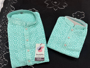 Men & Boys Turquoise Teal Rayon Chikankari with Sequins Kurta Pajama Set | Matching Father Son Option Festive Outfit with Sequin Work, DM -1423