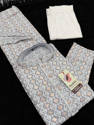 Gray Shade Men's Kurta Pajama set with Embroidery and Sequins. Two-piece Indian traditional outfit., KP - 2026