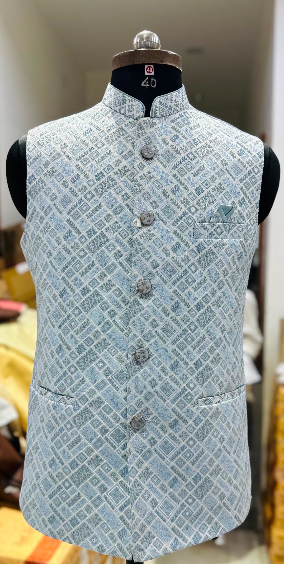 Men’s Pastel/Ice BluePink Nehru Jacket – Self Woven Silk Indian Sadri, Festive Wedding Waistcoat, Ethnic Modi Jacket for Men, J-3089