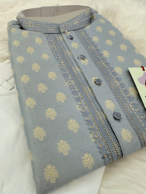 Men's Gray Jacquard Silk Kurta Pajama Set | Gold Floral Motifs | Indian Wedding, Eid & Diwali Festive Wear, KP-4086