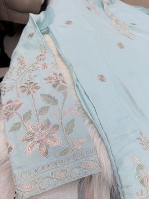 Men’s SkyBlue Shorter Kurta with Parallel Pants | Floral Embroidery Kurta Pajama Set | Indo-Western Wedding & Festive Kurta Set, KP - 4065