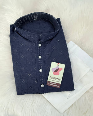 Men & Boys Navy Rayon Chikankari with Sequins Kurta Pajama Set | Matching Father Son Festive Outfit with Sequin Work, DM -2077