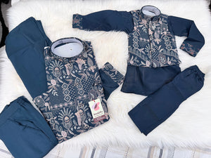 3 Piece Navy Blue Kurta Pajama Set with Embroidery Jacket Set, Silk Blend Fabric with a Slight Sheen, Father & Son's Matching Option, DM - 4081