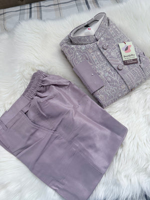Men’s Pastel Purple 3-Piece Kurta Pajama with Heavy Embroidered Jacket, Wedding & Festive Ethnic Wear, KPJ-3079