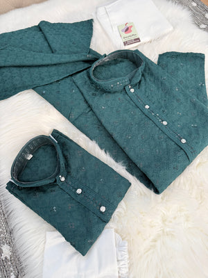 Men & Boys Green Rayon Chikankari with Sequins Kurta Pajama Set | Matching Father Son Festive Outfit with Sequin Work, DM -2078