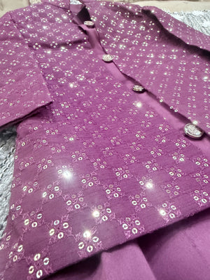 Boy's Purple Shade Cotton Silk 3 Piece Indo Western Outfit,  Embroidered  Sequins Long Jacket with  Pant, Boy's Sherwani Dress - B-3053