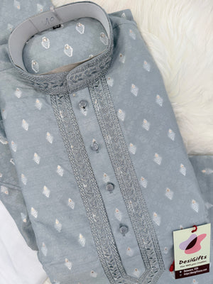 Men's Silver Gray Embroidered Kurta Pajama Set | Designer Indian Ethnic Wear with Trouser Style Pant Pants | Wedding, Eid & Diwali Outfit, KP-4085