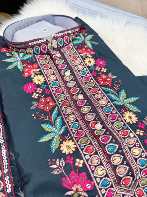 Graceful Navy Blue Embroidered Soft Silk Kurta Pajama Set for for Man, Festive Wedding Kurta Pajama with Dupatta , KP - 2035