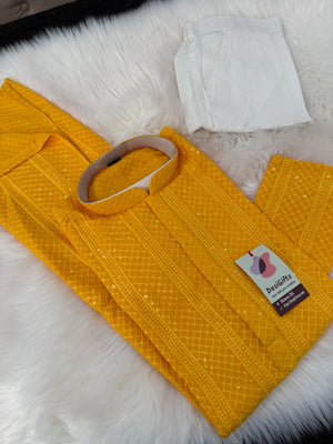 Exquisite Chikankari Sequins 2 Piece Kurta Pajama Set for Man, Yellow Shade, Embroidered Party Man's Wear, KP - 2045