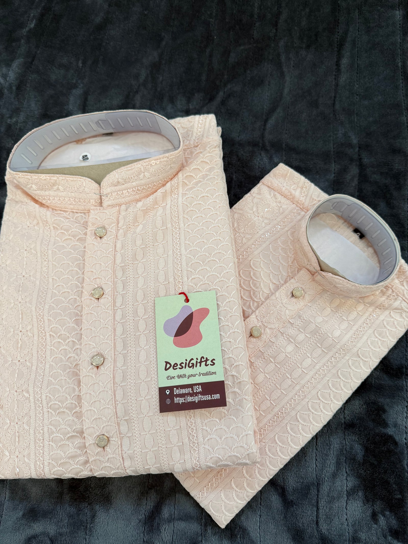 Pastel Peach Shade Chikankari Rayon with Sequins 2 Piece Kurta Pajama Set, Father & Son's Outfit, DM -1807