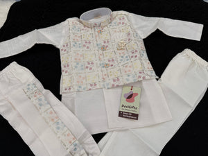 White Shade 4 Piece Boy's Cotton  Silk Ethnic Kurta with  Embroidery Jacket, Dhoti and Pajama- Design B-2020