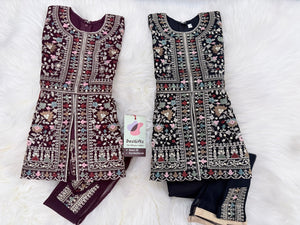 Baby Girls’ Designer Embroidered Palazzo Set in Navy Blue & Wine, Festive Indian Ethnic Palazzo Outfit with Dupatta, Partywear Dress for Kids, GRL-2090