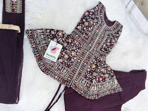 Baby Girls’ Designer Embroidered Palazzo Set in Navy Blue & Wine, Festive Indian Ethnic Palazzo Outfit with Dupatta, Partywear Dress for Kids, GRL-2090