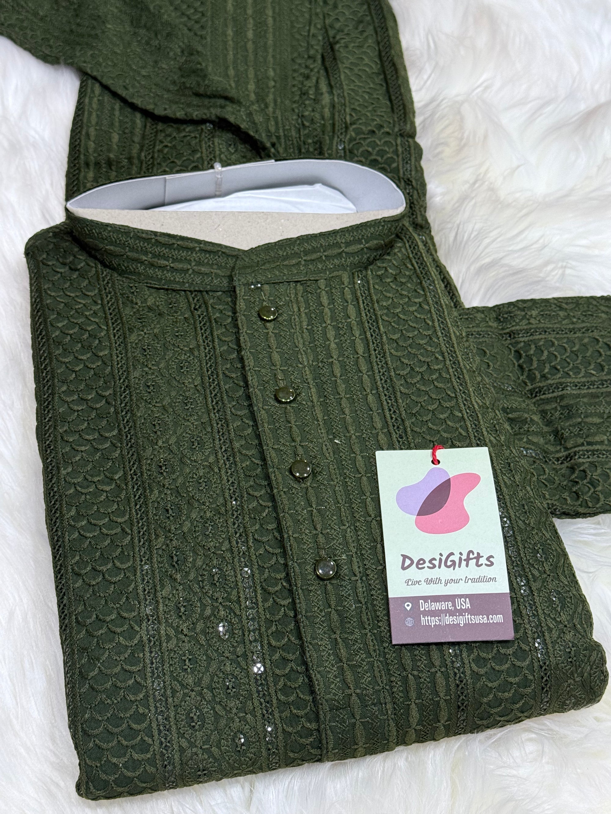 Exquisite Chikankari Sequins 2 Piece Kurta Pajama Set for Man, Dark Green Shade, Embroidered Party Man's Wear, KP - 1939