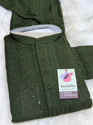 Exquisite Chikankari Sequins 2 Piece Kurta Pajama Set for Man, Dark Green Shade, Embroidered Party Man's Wear, KP - 1939