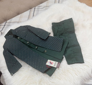 Boy's Pine Green Shade Cotton Silk 3 Piece Indo Western Outfit,  Embroidered  Sequins Long Jacket with Pant , Boy's Sherwani Dress - B-3051