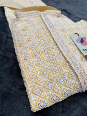 Pastel Yellow Men's kurta pajama set with embroidery and sequins. Two-piece Indian traditional outfit for special occasions., KP - 1938