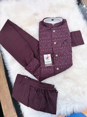 Men’s Wine 3-Piece Kurta Pajama Set with Pant Style Bottom & Embroidered Jacket, Silk Ethnic Wear, TPKP-2030