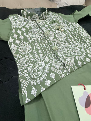 Boys Green Kurta Set with Embroidered Jacket and Pajama – Festive Ethnic Wear,- Design B-2028