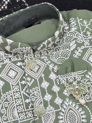 Boys Green Kurta Set with Embroidered Jacket and Pajama – Festive Ethnic Wear,- Design B-2028