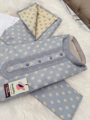Men's Gray Jacquard Silk Kurta Pajama Set | Gold Floral Motifs | Indian Wedding, Eid & Diwali Festive Wear, KP-4086
