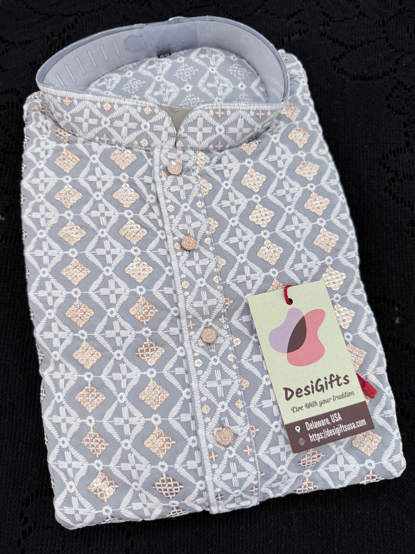 Gray Shade Men's Kurta Pajama set with Embroidery and Sequins. Two-piece Indian traditional outfit., KP - 2026