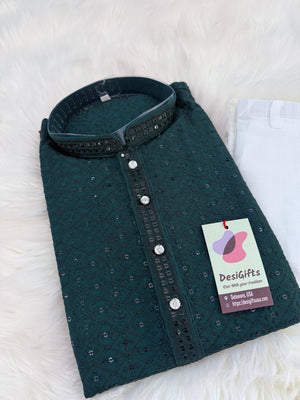 Green Shade Chikankari Embroidery with Sequins 2 Piece Viscose Rayon Kurta Pajama Set, Indian Partywear Kurta SetKP-1978