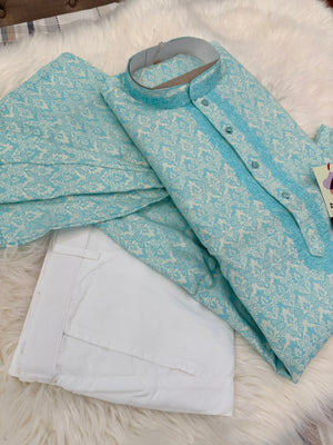 Men's Aqua Blue Kurta Pajama Set | Jacquard silk Kurta Set with Trouser Pant | Traditional Indian Wedding, Diwali & Festive Wear, KP-4084