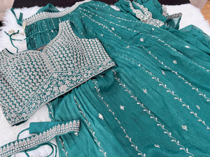 Embroidered Lehenga Saree Style Set with Blouse & Dupatta – Teal Blue / Olive Green Wedding & Festive Indian Ethnic Wear, Design LHG - 4007