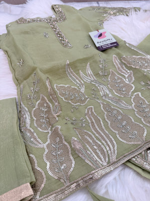 Girls’ Sage Green Kurta Palazzo Set with Sequins Work – Festive Ethnic Wear, GRL-2098