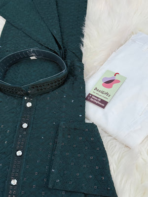 Green Shade Chikankari Embroidery with Sequins 2 Piece Viscose Rayon Kurta Pajama Set, Indian Partywear Kurta SetKP-1978