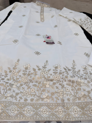 Men’s Ivory Embroidered Kurta Trouser Set | Trendy Kurta Pajama Set with Gold Embroidery | Wedding & Festive Wear, KP - 4027