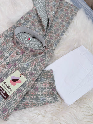 Men’s Indian festive Kurta Pajama Set, Rayon Chikankari Embroidery, Wedding Partywear Multishade Kurta– KP-1982