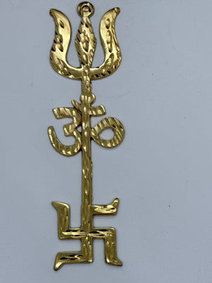 6" Golden Trishul Om Swastik Wall Hanging – Spiritual Metal Décor for Home & Temple, S5M-3047