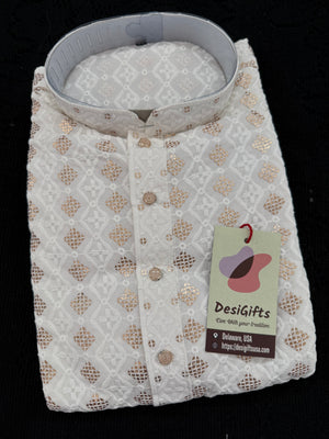 Cream Shade Men's Kurta Pajama set with Embroidery and Sequins. Two-piece Indian traditional outfit., KP - 2027