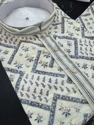 Men’s Kurta Pajama Set – Premium Viscose Rayon with Embroidery, Cream with Blue Geometric Pattern & Sequin Detailing| KPS-3031
