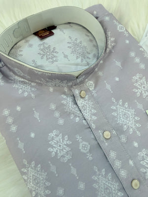 Pastel Purple Jacquard Silk Kurta Pajama Set with Off White Self woven work for Men, KPS-3026