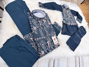 3 Piece Navy Blue Kurta Pajama Set with Embroidery Jacket Set, Silk Blend Fabric with a Slight Sheen, Father & Son's Matching Option, DM - 4081