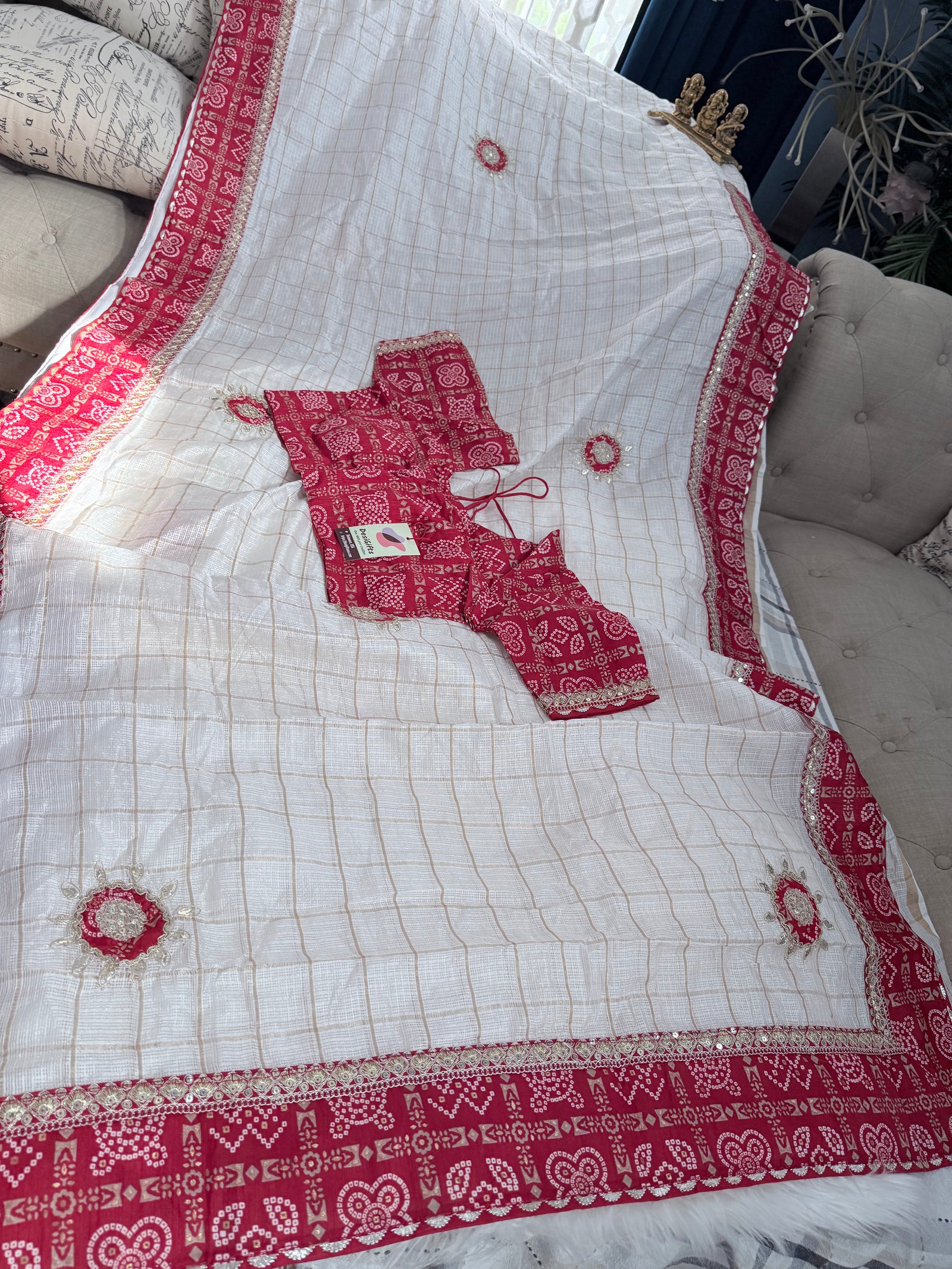 Women’s Off-White Linen Blend Saree with Red Bandhani Print Border & Matching Blouse, Festive Indian Saree, S- 3095